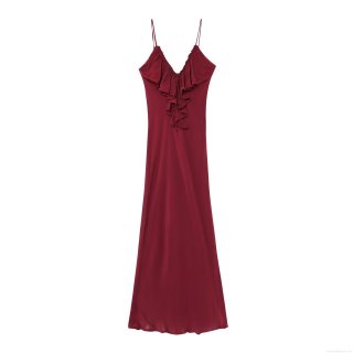 Women Sexy V Neck Ruffle Slip Dress Elegant Wine Red Chiffon Maxi Dress For Summer Party Dating Evening Clubwear Ladies Fashion Clothing