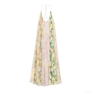 Women Summer Sexy Backless Floral Print Patchwork Maxi Dress Halter Neck Boho Chiffon Pleated Long Beach Sundress Vacation Wear