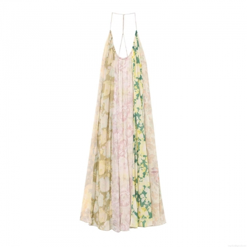 Women Summer Sexy Backless Floral Print Patchwork Maxi Dress Halter Neck Boho Chiffon Pleated Long Beach Sundress Vacation Wear