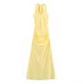 Women Sexy Yellow Halter Neck Ruched Maxi Dress Summer Sleeveless Backless Bodycon Long Dress With Bow Detail For Party Vacation Clubwear