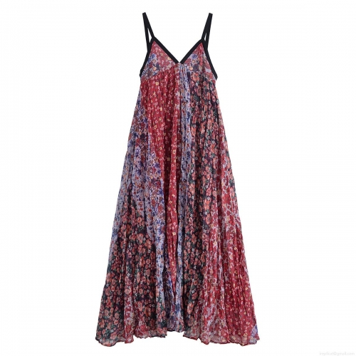Women's Sexy Backless Floral Print Maxi Dress Polyester Spandex V-Neck Pleated Bohemian Vacation Spaghetti Strap A-Line Long Dress