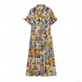 Women's Summer Elegant Floral Print Short Sleeve Maxi Shirt Dress Lapel V Neck Single Breasted Long Dress With Belt For Daily Office