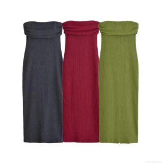 Women Sexy Tube Top Maxi Dress Pleated Polyester Spandex Off Shoulder Bodycon Slim Fit Party Wedding Date Night Summer Elegant Chic Long Pencil Dress with Slit