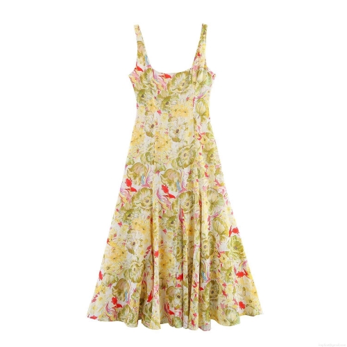 Summer Women Floral Print Spaghetti Strap Maxi Dress Linen Blend Square Neck Sleeveless A-Line Vacation Beach Long Dress
