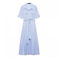 Women's Striped Short Sleeve Shirt Dress Elegant Belted A-Line Maxi Dress Polyester Blend Turn-Down Collar Button Down Casual Summer Vacation Midi Dress
