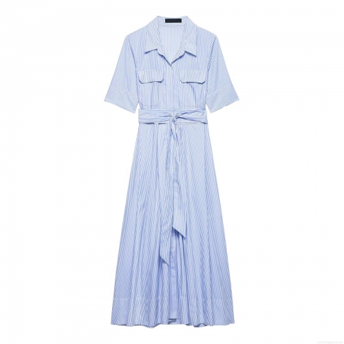 Women's Striped Short Sleeve Shirt Dress Elegant Belted A-Line Maxi Dress Polyester Blend Turn-Down Collar Button Down Casual Summer Vacation Midi Dress