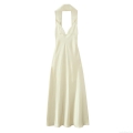 Women Sexy Satin Halter Maxi Dress Deep V Neck Backless Sleeveless Silk Like Long Dress For Evening Party Club Summer Elegant Solid A-Line Gown