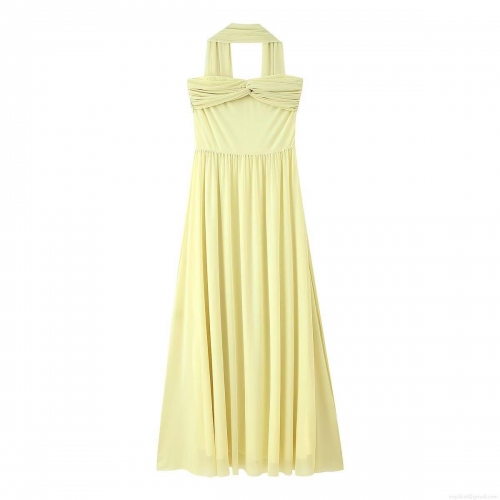 Women's Sexy Halter Mesh Maxi Dress Summer Fashion Twist Knot Front Sleeveless A-Line Long Dress Solid Color Spandex Mesh Evening Party Clubwear With Streamers