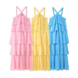 Sexy Halter Neck Maxi Dress Chiffon Polyester 3D Flower Backless Tiered Layered Ruffles Cake Skirt For Summer Party Wedding Women Dress