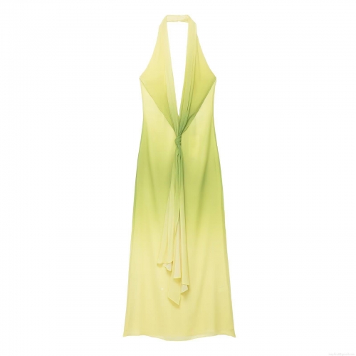 Women's Sexy Halter Backless Maxi Dress Yellow Green Gradient Chiffon Bodycon Long Dress With Twist Knot For Summer Vacation Party Clubwear