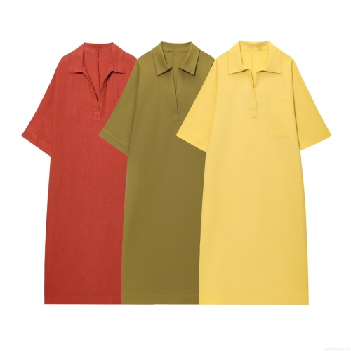 Women Summer Casual Cotton Linen Blend Maxi Dress Polo Collar Short Sleeve V Neck Loose Fit Patch Pocket Vacation Solid Color Long Shirt Dress