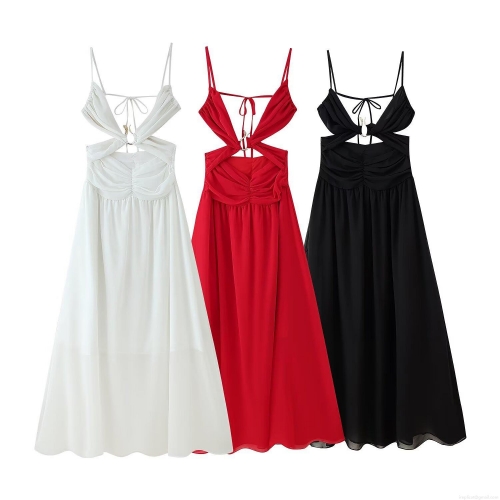 Women's Sexy Backless Cutout Camisole Maxi Dress Polyester Spandex Metal Ring Decor Sleeveless High Waist Slim Fit Summer Vacation Long Party Dress