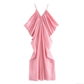 Women's Sexy Deep V-Neck Satin Maxi Dress Pink Ruffle Sleeveless Backless Slip Dress for Summer Vacation Beach Party Elegant Long Gown