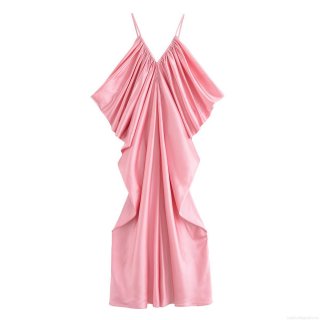 Women's Sexy Deep V-Neck Satin Maxi Dress Pink Ruffle Sleeveless Backless Slip Dress for Summer Vacation Beach Party Elegant Long Gown
