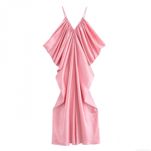 Women's Sexy Deep V-Neck Satin Maxi Dress Pink Ruffle Sleeveless Backless Slip Dress for Summer Vacation Beach Party Elegant Long Gown