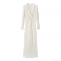 Women Fashion V-Neck Knitted Hollow Out Maxi Dress Long Sleeve Ruffle Lace-Up White Sexy Crochet Beach Long Dress For Summer Vacation Women Clothing