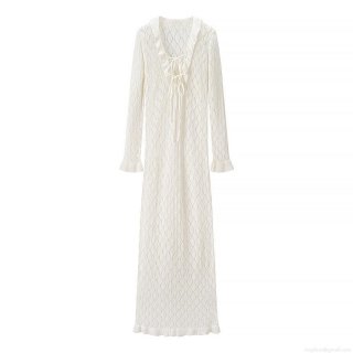Women Fashion V-Neck Knitted Hollow Out Maxi Dress Long Sleeve Ruffle Lace-Up White Sexy Crochet Beach Long Dress For Summer Vacation Women Clothing