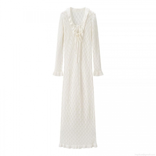 Women Fashion V-Neck Knitted Hollow Out Maxi Dress Long Sleeve Ruffle Lace-Up White Sexy Crochet Beach Long Dress For Summer Vacation Women Clothing