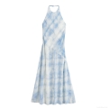 Sexy Backless Halter Neck Tie Dye Maxi Dress Women Summer Sleeveless Blue White A-Line Long Beach Vacation Party Dress Lightweight Polyester Clothing