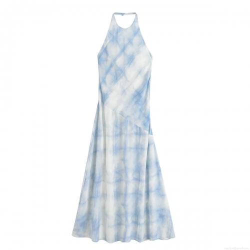 Sexy Backless Halter Neck Tie Dye Maxi Dress Women Summer Sleeveless Blue White A-Line Long Beach Vacation Party Dress Lightweight Polyester Clothing