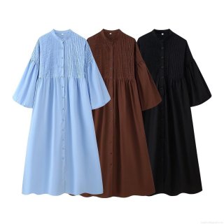 Women's Solid Color Polyester Spandex Maxi Dress Long Sleeve Round Neck Single Breasted Pleated Lantern Sleeve A-Line Casual Long Shirt Dress For Summer Spring Elegant Ladies