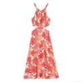 Women's Summer Halter Backless Floral Print Maxi Dress Sexy Cut Out Waist Chiffon Style Vacation Beach Holiday Long Sun Dress For Ladies
