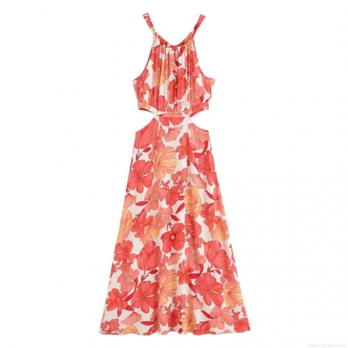 Women's Summer Halter Backless Floral Print Maxi Dress Sexy Cut Out Waist Chiffon Style Vacation Beach Holiday Long Sun Dress For Ladies