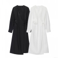 Elegant V Neck Wrap Maxi Dress Women Long Sleeve Polyester Cotton Blend Plain Tie Waist Shirt Dress For Daily Casual Office Party