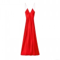 Sexy Backless Red Satin Maxi Dress Elegant Deep V-Neck Spaghetti Strap Silk Texture Long Evening Party Slip Gown For Women