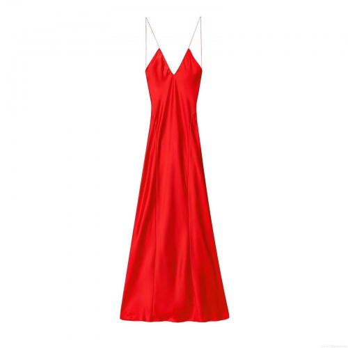 Sexy Backless Red Satin Maxi Dress Elegant Deep V-Neck Spaghetti Strap Silk Texture Long Evening Party Slip Gown For Women