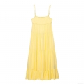 Women Sexy Backless Yellow Tiered Cake Maxi Dress Polyester Lace Trim Adjustable Spaghetti Straps Summer Beach Resort Sleeveless Long Cami Dresses