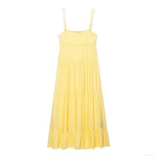 Women Sexy Backless Yellow Tiered Cake Maxi Dress Polyester Lace Trim Adjustable Spaghetti Straps Summer Beach Resort Sleeveless Long Cami Dresses