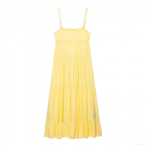 Women Sexy Backless Yellow Tiered Cake Maxi Dress Polyester Lace Trim Adjustable Spaghetti Straps Summer Beach Resort Sleeveless Long Cami Dresses