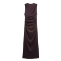 Women Sexy Backless Satin Maxi Dress Halter Draped Neckline Ruched Slim Fit Coffee Long Evening Dress Elegant Party Wear