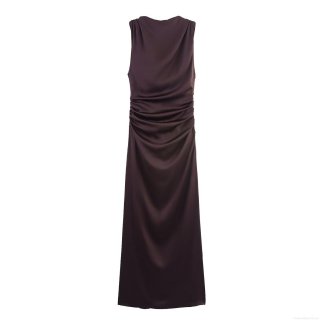 Women Sexy Backless Satin Maxi Dress Halter Draped Neckline Ruched Slim Fit Coffee Long Evening Dress Elegant Party Wear
