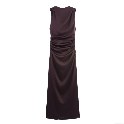 Women Sexy Backless Satin Maxi Dress Halter Draped Neckline Ruched Slim Fit Coffee Long Evening Dress Elegant Party Wear
