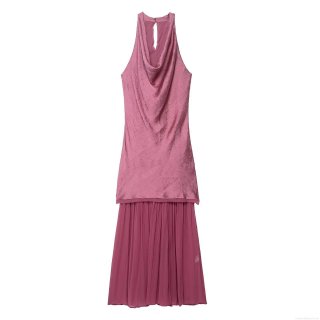 Women's Halter Neck Pleated Maxi Dress Polyester Spandex Blend Elegant Sleeveless Splicing Long Dress for Party Evening Clubwear