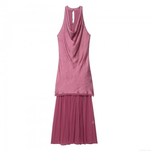 Women's Halter Neck Pleated Maxi Dress Polyester Spandex Blend Elegant Sleeveless Splicing Long Dress for Party Evening Clubwear