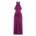Women's Sexy Halter Neck Maxi Dress Sleeveless Backless Ruched Cutout Purple Bodycon Long Dress For Evening Party Clubwear Elegant Silky Knit Dress