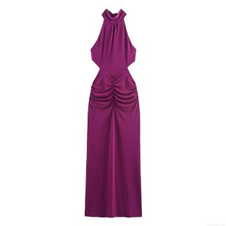 Women's Sexy Halter Neck Maxi Dress Sleeveless Backless Ruched Cutout Purple Bodycon Long Dress For Evening Party Clubwear Elegant Silky Knit Dress
