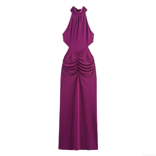 Women's Sexy Halter Neck Maxi Dress Sleeveless Backless Ruched Cutout Purple Bodycon Long Dress For Evening Party Clubwear Elegant Silky Knit Dress