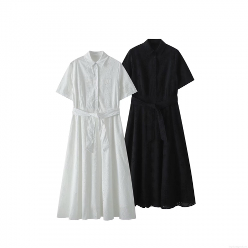 Elegant Hollow Out Embroidery Cotton Blend Shirt Dress For Women Short Sleeve Lapel Button Down Belted A-Line Maxi Dress For Summer Daily Commuting