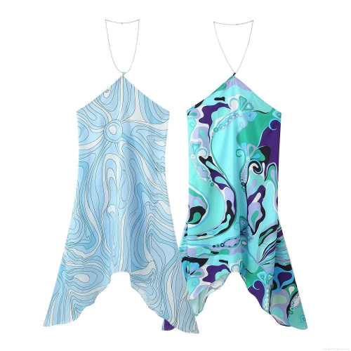 Women's Sexy Halter Neck Maxi Dress With Metal Chain Strap Abstract Geometric Print Backless Irregular Hem Resort Style Vacation Party Long Dress