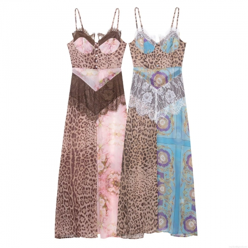 Sexy Women's Leopard Floral Print Maxi Dress Sleeveless Lace Splicing Baroque Pattern Split Slip Dress For Summer Party Vacation Chic Polyester Long Dress