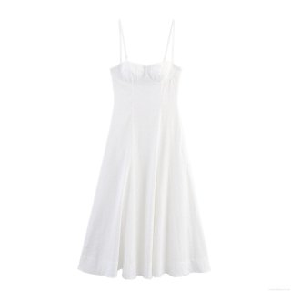 Women Sexy White Eyelet Cotton Embroidery Maxi Dress Spaghetti Strap Pleated Square Neck High Waist A-Line Sundress Summer Vacation Party Elegant Slim Fit Dress