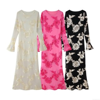 Elegant Women 3D Floral Embroidery Mesh Dress Flare Long Sleeve Round Neck Slim Fit Bodycon Maxi Dress For Party Evening Wedding Socialite Style
