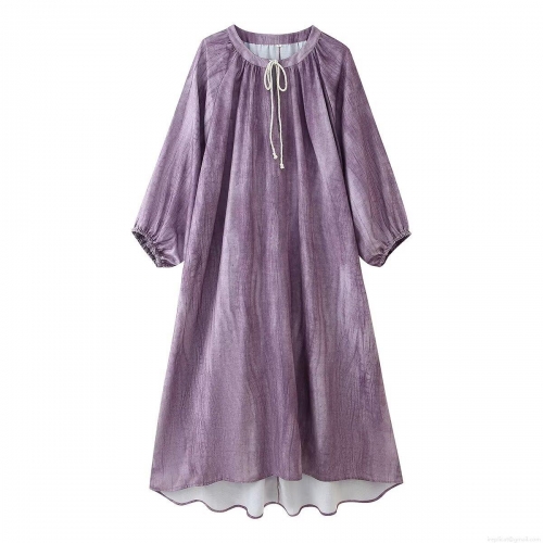 Women's Casual Loose Long Sleeve Maxi Dress Polyester Spandex Blend Solid Purple Dress With White Drawstring Round Neck A-Line Long Dress For Women Autumn Spring