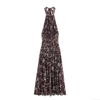 Women's Sexy Halter Neck Floral Printed Mesh Maxi Dress Ruched High Waist Slim Fit A-Line Long Dress Sleeveless For Summer Party Evening Vacation Brown Polyester Spandex