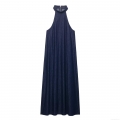Women's Halter Neck Denim Maxi Dress Sleeveless High Neck Back Zipper A-Line Loose Long Dress Dark Blue Casual Holiday Party Summer Autumn Fashion