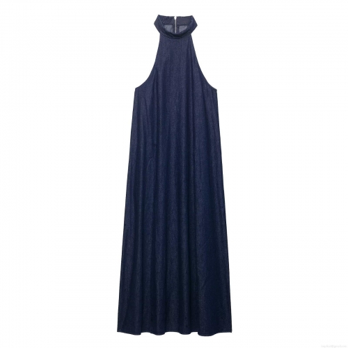 Women's Halter Neck Denim Maxi Dress Sleeveless High Neck Back Zipper A-Line Loose Long Dress Dark Blue Casual Holiday Party Summer Autumn Fashion